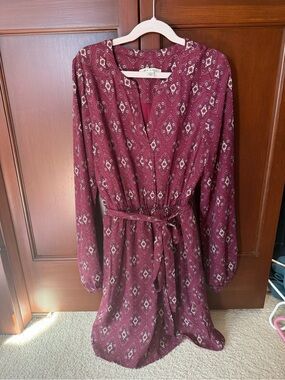 miami Burgundy Printed Long-Sleeve Tie-Waist Dress